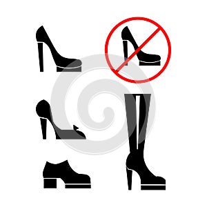 Black and white icon of women`s shoes. Symbol prohibiting walking in heels.